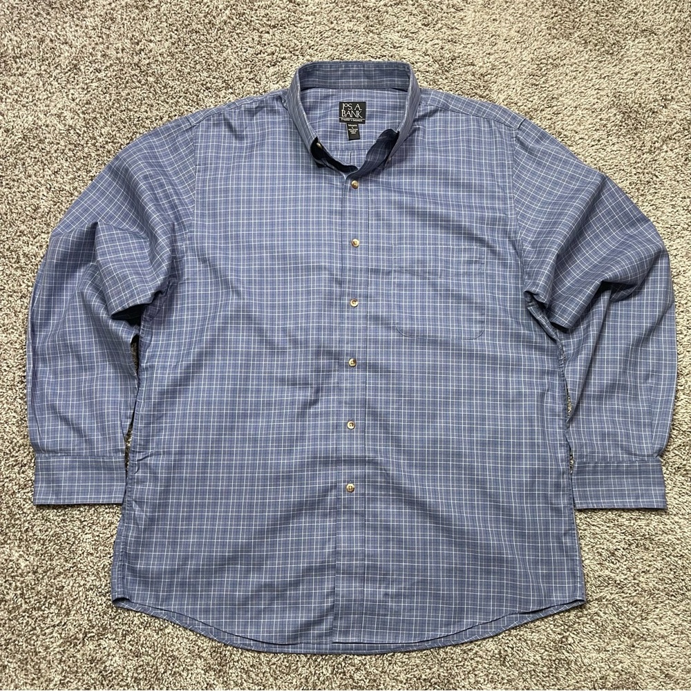 Jos. A. Bank Traveler's Collection Blue Gold Plaid Wrinkle-Resistant Shirt Large